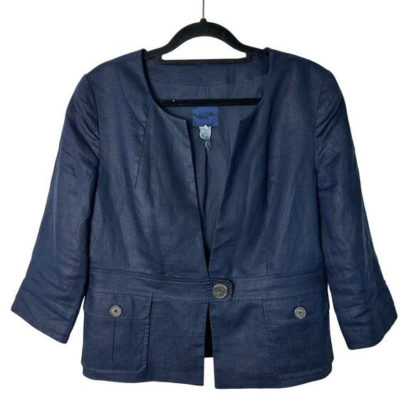 J.Crew Linen Blazer One Button Crop 3/4 Sleeves Collarless Coastal Navy Blue 6 - Picture 1 of 9